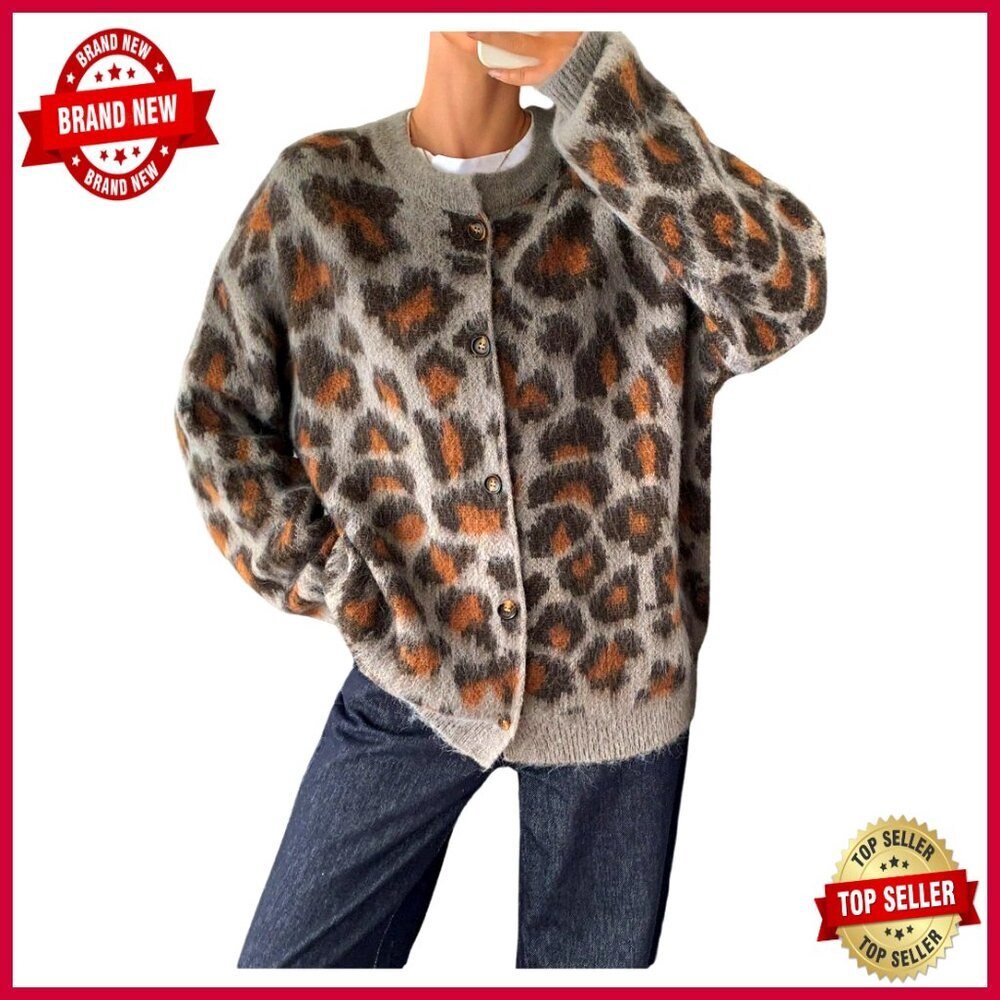 Leopard Print Button Up Cardigan Sweater Long Sleeve Crew Neck Knit Outerwear